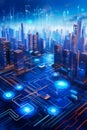 Futuristic city with lot of blue lights and lot of buildings. Generative AI Royalty Free Stock Photo