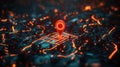 Futuristic city map highlighted by glowing red pin. Tech map shows navigation routes. Modern city layout. Destination pin. Urban