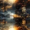 Futuristic city with mirrored spacecrafts in a scattered composition (tiled)