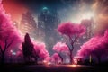 Futuristic city with neon lights and abstract sakura trees. Modern fantasy japanese cityscape background