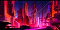 A futuristic city with neon lights and a car. AI generative image Royalty Free Stock Photo