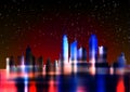 Futuristic city in neon lights. Retro Style 80s. Energy concept. Creative idea. Design background, colorful Night City Skyline Royalty Free Stock Photo