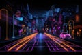 Futuristic city with neon lights and road, 3d rendering, Neon color roadmap, street, dark background with goals, AI Generated