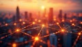 Futuristic city network. Global connection concept. Abstract lines, glowing points connect cityscapes. Wireless tech, innovation.