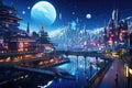 Futuristic city at night with a full moon in the sky, Futuristic, inspired border town with neon lights on the edge of tranquility Royalty Free Stock Photo