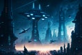 Futuristic city at night with lot of spaceships in the sky above the city. Generative AI Royalty Free Stock Photo