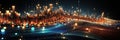 A futuristic city at night with many lights. Generative AI image. Royalty Free Stock Photo