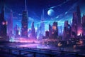 Futuristic city at night with moon and stars, 3d rendering, A bustling cityscape at night with neon lights, AI Generated