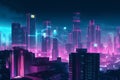 Futuristic city at night with neon lights. 3D rendering blue and purple Royalty Free Stock Photo