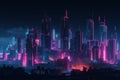 Futuristic city at night with neon lights. 3D rendering blue and purple Royalty Free Stock Photo
