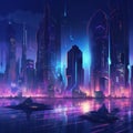 Futuristic City at Night with Neon Lights Royalty Free Stock Photo