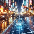 Urban Reflection: Solar panel with city lights reflecting in a droplet at night., generative ai