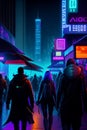 futuristic city nightlife. cyberpunk military soldiers patrolling at night with futuristic tactical outfit on dystopian streets,