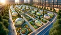 futuristic city park with a series of small glass domes