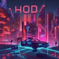 A futuristic city with a police car in the foreground an big neon word HODL. AI generative image. Royalty Free Stock Photo