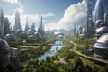 a futuristic city powered by sustainable energy, highlighting eco-friendly