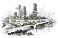 Futuristic city sketch drawing. Sustainable, green energy concept. Poster, wall art design.Generative Ai Royalty Free Stock Photo