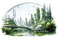 Futuristic city sketch drawing. Sustainable, green energy concept. Poster, wall art design.Generative Ai Royalty Free Stock Photo