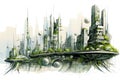 Futuristic city sketch drawing. Sustainable, green energy concept. Poster, wall art design.Generative Ai Royalty Free Stock Photo