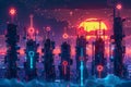 A futuristic city skyline with buildings shaped like various keys illuminated under a neon sky in a twilight setting