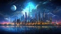 Futuristic city skyline with digital currency symbols illuminating the night sky. Cityscape features skyscrapers with embedded