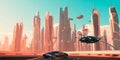futuristic city skyline with flying cars and tall buildings in a vibrant and diverse community. Generative AI