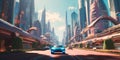 futuristic city skyline with flying cars and tall buildings in a vibrant and diverse community. Generative AI
