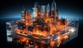 Futuristic city skyline glows blue, reflecting modern technology generated by AI