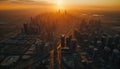 Futuristic city skyline illuminated by sunset, a modern marvel generated by AI