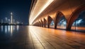 Futuristic city skyline illuminates night, reflecting on water generated by AI Royalty Free Stock Photo