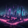 Futuristic City Skyline with Neon Lights Royalty Free Stock Photo