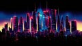 A futuristic city skyline at night lit up by the vibrant neon lights of buildings powered by solar energy stored during Royalty Free Stock Photo