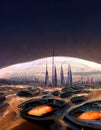 Futuristic City skyline at night, space base on alien planet, digital painting