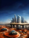 Futuristic City skyline at night, space base on alien planet, digital painting