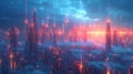 A futuristic city skyline is overlaid with a series of transparent graphs and charts showcasing the predictive power of