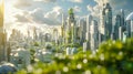 A futuristic city skyline powered entirely by biofuels symbolizing the potential for sustainable energy to transform our