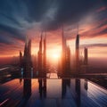 A futuristic city skyline silhouetted against a vibrant sunset2