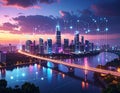 Futuristic city skyline at sunset with connection lines over water Royalty Free Stock Photo