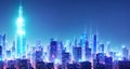A futuristic city skyline with tall buildings and bright lights illuminating the sky. The buildings are made of glass Royalty Free Stock Photo