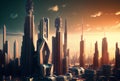 Futuristic city skyline, tall buildings at sunset, generative AI Royalty Free Stock Photo