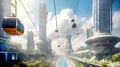 Futuristic city with skyscrapers, cable cars and flying taxies. AI generative Royalty Free Stock Photo