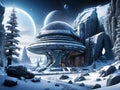 futuristic city and space base on frozen alien planet, generative ai illustration Royalty Free Stock Photo