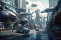Futuristic city street, aircrafts flying above cars driving on urban road, generative AI
