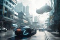 Futuristic city street, aircrafts flying above cars driving on urban road, generative AI