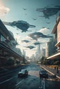 Futuristic city street, aircrafts flying above cars driving on urban road, generative AI