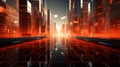 futuristic city street with red lights and buildings in the background Royalty Free Stock Photo