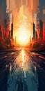 Futuristic City Sunset: Abstract Image Of A Pixelated Sunrise Royalty Free Stock Photo