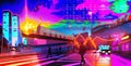 Futuristic City in Sunset, With People walking on Pedestrian Road, Generative AI Based Artwork