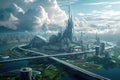 Futuristic City Surrounded by Water and Clouds, A Magnificent Urban Oasis, A futuristic city completely powered by technology, AI