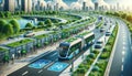 Futuristic city with sustainable transportation and green urban design